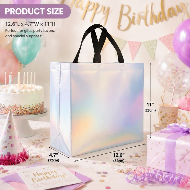 Alt view image 2 of 6 - 15 Pack Bulk Gift Bags Medium Large Reusable Non-Woven Party Favor Bags with Handles Sturdy Fabric Gift Bag Tote for Birthday Wedding Goodie Bags, Iridescent Holographic Gift Wrapping Bag