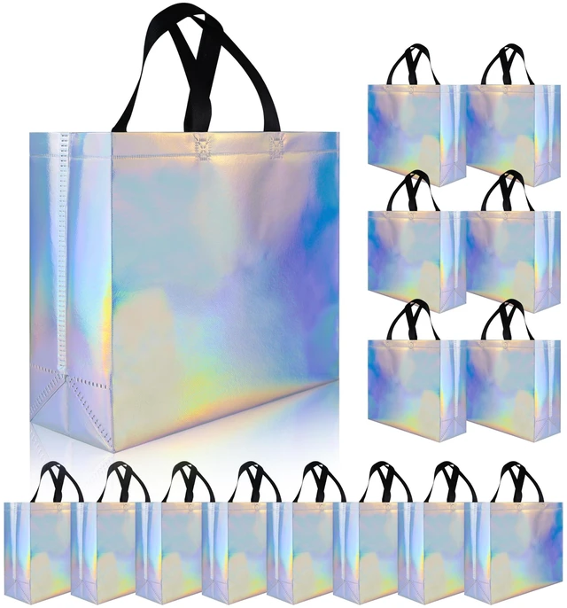 Main image of 15 Pack Bulk Gift Bags Medium Large Reusable Non-Woven Party Favor Bags with Handles Sturdy Fabric Gift Bag Tote for Birthday Wedding Goodie Bags, Iridescent Holographic Gift Wrapping Bag