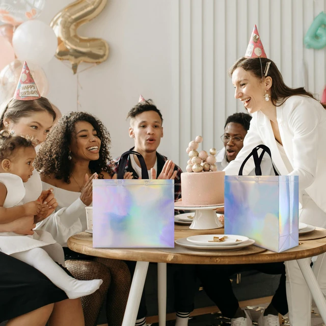 Alt view image 5 of 6 - 15 Pack Bulk Gift Bags Medium Large Reusable Non-Woven Party Favor Bags with Handles Sturdy Fabric Gift Bag Tote for Birthday Wedding Goodie Bags, Iridescent Holographic Gift Wrapping Bag