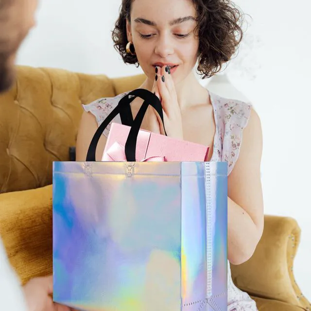 Alt view image 6 of 6 - 15 Pack Bulk Gift Bags Medium Large Reusable Non-Woven Party Favor Bags with Handles Sturdy Fabric Gift Bag Tote for Birthday Wedding Goodie Bags, Iridescent Holographic Gift Wrapping Bag