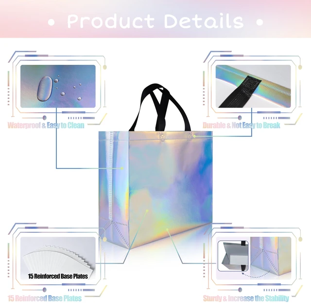 Alt view image 3 of 6 - 15 Pack Bulk Gift Bags Medium Large Reusable Non-Woven Party Favor Bags with Handles Sturdy Fabric Gift Bag Tote for Birthday Wedding Goodie Bags, Iridescent Holographic Gift Wrapping Bag