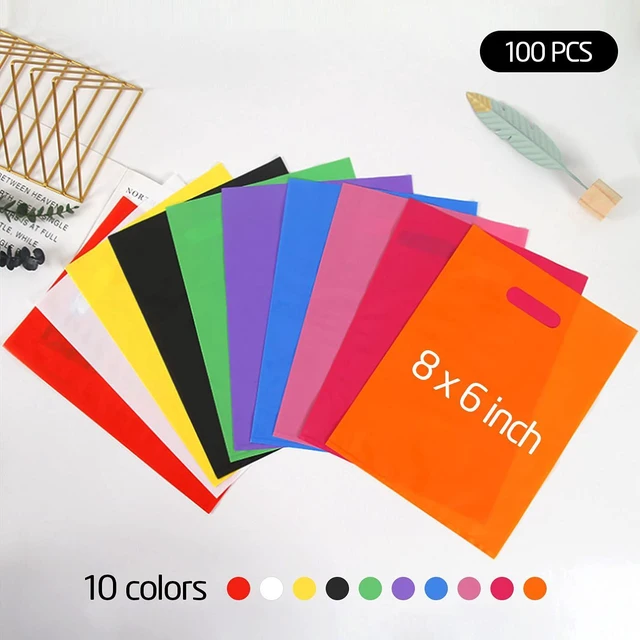 Alt view image 2 of 7 - Plastic Party Favor Small Gift Bags, 100 PCS 6" x 8" Goodie Bags for Kids, Candy Treat Pouches Bulk with Handle for Kids' Birthday Party, Thanksgiving, Christmas, Halloween, 10 Colors
