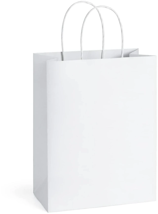 Main image of White Gift Bags with Handles 8x4.25x10.5 Inch Medium 25 Pack | Kraft Paper, Recyclable, Sturdy Handle, For Gift Giving, Crafts, Party Favors, Christmas, Valentine's Day, Business Packaging