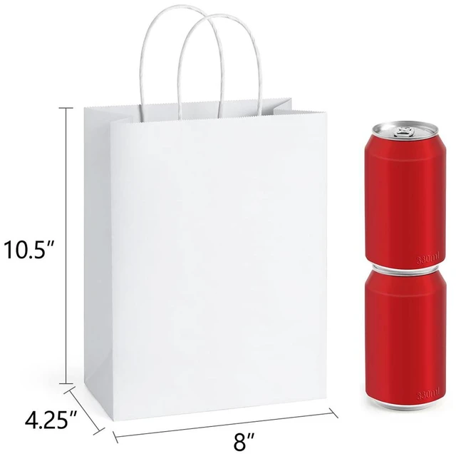 Alt view image 2 of 6 - White Gift Bags with Handles 8x4.25x10.5 Inch Medium 25 Pack | Kraft Paper, Recyclable, Sturdy Handle, For Gift Giving, Crafts, Party Favors, Christmas, Valentine's Day, Business Packaging