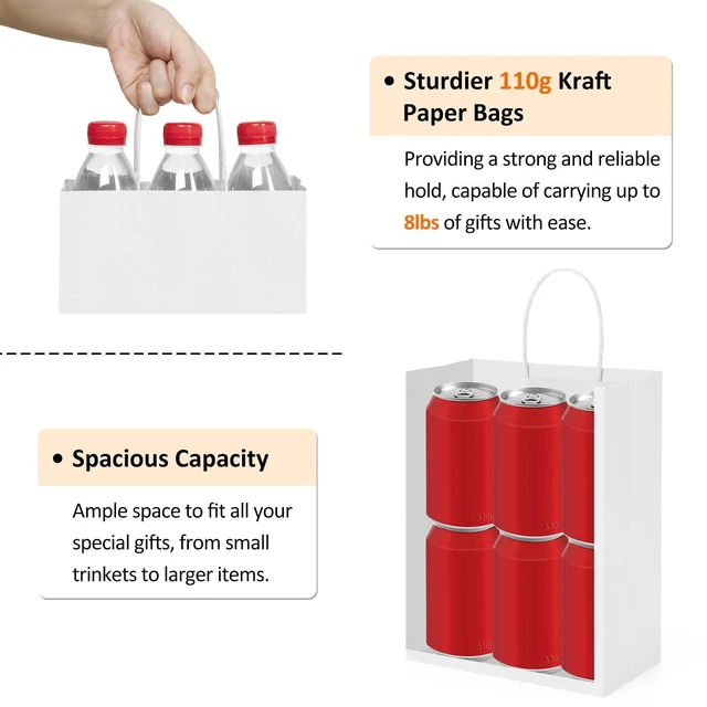 Alt view image 3 of 6 - White Gift Bags with Handles 8x4.25x10.5 Inch Medium 25 Pack | Kraft Paper, Recyclable, Sturdy Handle, For Gift Giving, Crafts, Party Favors, Christmas, Valentine's Day, Business Packaging