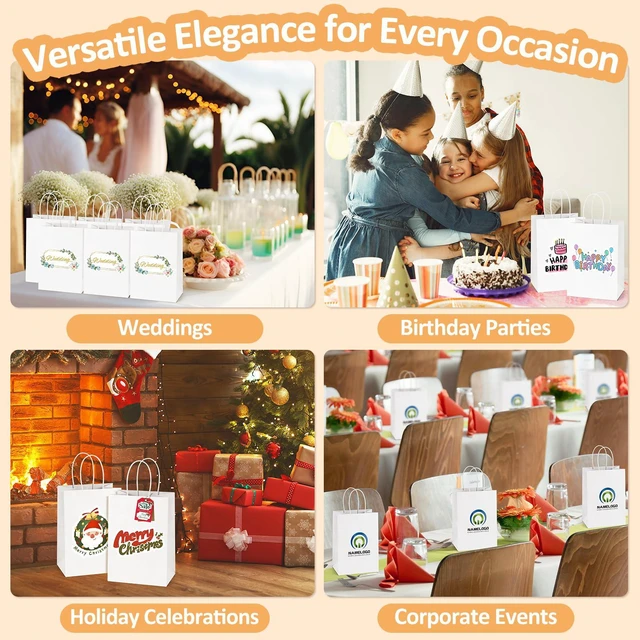 Alt view image 5 of 6 - White Gift Bags with Handles 8x4.25x10.5 Inch Medium 25 Pack | Kraft Paper, Recyclable, Sturdy Handle, For Gift Giving, Crafts, Party Favors, Christmas, Valentine's Day, Business Packaging