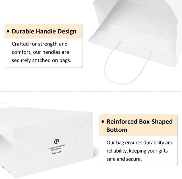 Alt view image 6 of 6 - White Gift Bags with Handles 8x4.25x10.5 Inch Medium 25 Pack | Kraft Paper, Recyclable, Sturdy Handle, For Gift Giving, Crafts, Party Favors, Christmas, Valentine's Day, Business Packaging