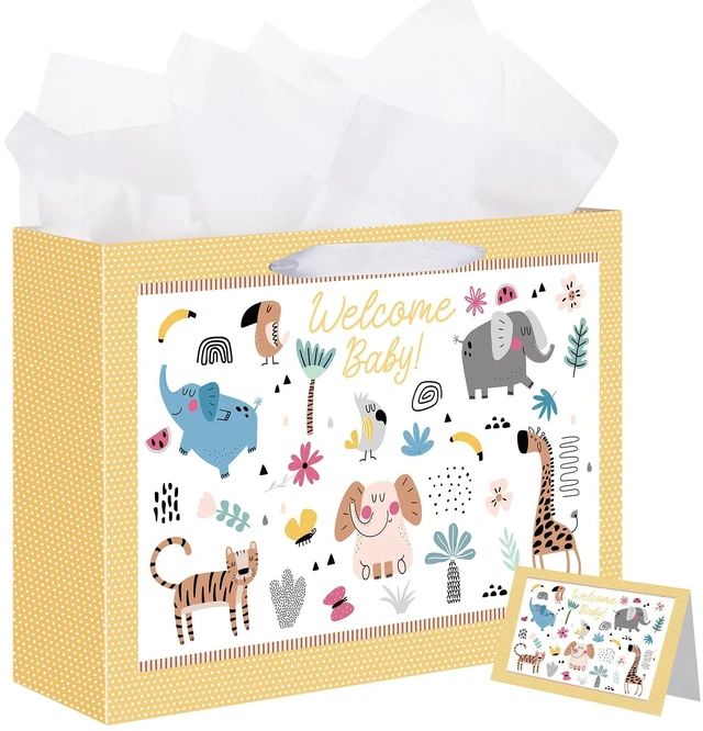 Main image of 14.5" Baby Gift Bag for Baby Shower Boys Girls Birthday Party | Include Tissue Paper & Greeting Cards, Ribbon Handles, Cute Animals Design, for Baby Shower and Birthday Gifts
