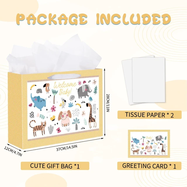Alt view image 2 of 6 - 14.5" Baby Gift Bag for Baby Shower Boys Girls Birthday Party | Include Tissue Paper & Greeting Cards, Ribbon Handles, Cute Animals Design, for Baby Shower and Birthday Gifts