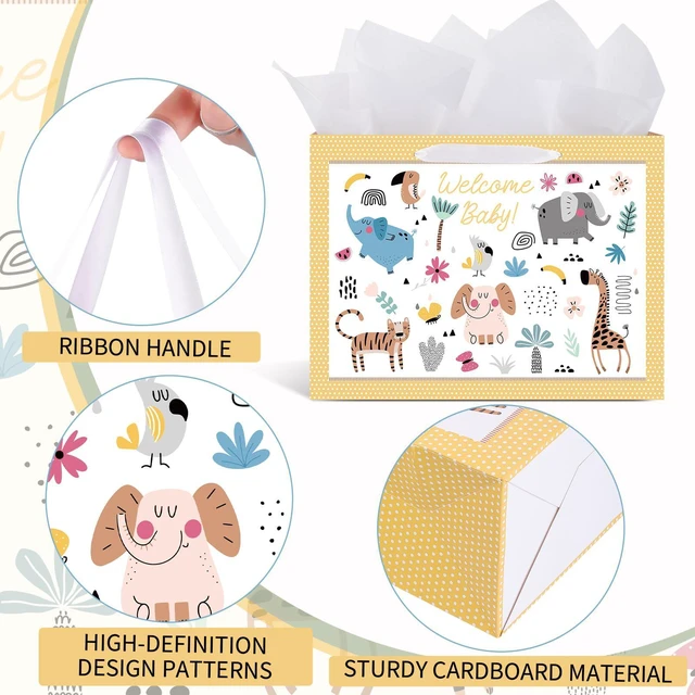 Alt view image 3 of 6 - 14.5" Baby Gift Bag for Baby Shower Boys Girls Birthday Party | Include Tissue Paper & Greeting Cards, Ribbon Handles, Cute Animals Design, for Baby Shower and Birthday Gifts