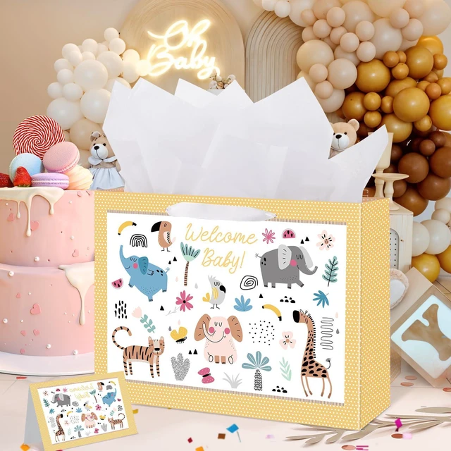 Alt view image 4 of 6 - 14.5" Baby Gift Bag for Baby Shower Boys Girls Birthday Party | Include Tissue Paper & Greeting Cards, Ribbon Handles, Cute Animals Design, for Baby Shower and Birthday Gifts