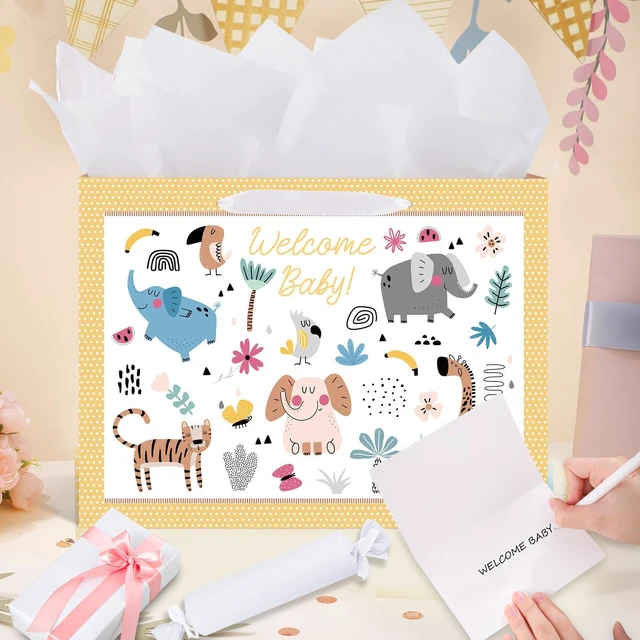 Alt view image 5 of 6 - 14.5" Baby Gift Bag for Baby Shower Boys Girls Birthday Party | Include Tissue Paper & Greeting Cards, Ribbon Handles, Cute Animals Design, for Baby Shower and Birthday Gifts