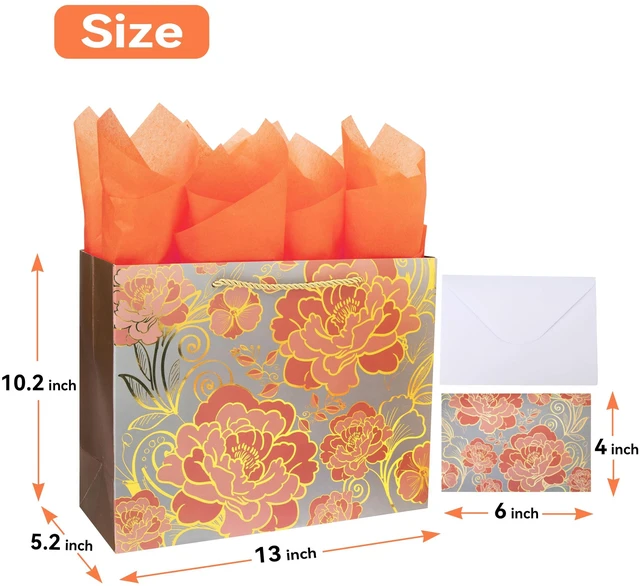 Alt view image 2 of 6 - 13" Large Rose Gold Gift Bag Set with Greeting Card and Orange Tissue Paper for celebrating birthdays,Mother's Day,Christmas,weddings,anniversaries,and more-13"x10.1"x5.2",1 Pcs.