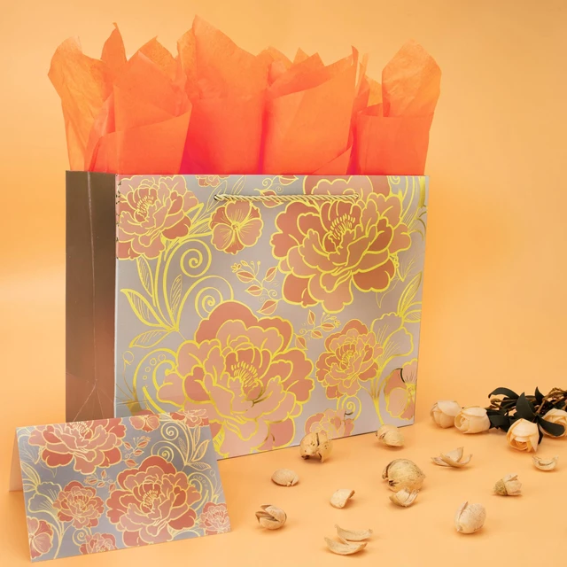 Alt view image 5 of 6 - 13" Large Rose Gold Gift Bag Set with Greeting Card and Orange Tissue Paper for celebrating birthdays,Mother's Day,Christmas,weddings,anniversaries,and more-13"x10.1"x5.2",1 Pcs.