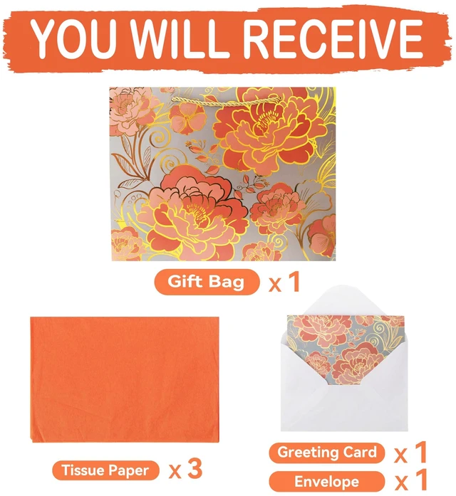 Alt view image 3 of 6 - 13" Large Rose Gold Gift Bag Set with Greeting Card and Orange Tissue Paper for celebrating birthdays,Mother's Day,Christmas,weddings,anniversaries,and more-13"x10.1"x5.2",1 Pcs.
