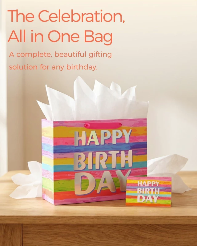 Alt view image 2 of 7 - Large Happy Birthday Gift Bag with Tissue Paper & Card, 13 x 10.2 x 4.7 Inches Premium Paper Bag for Birthday, Kids', Women's & Mother's Gifts