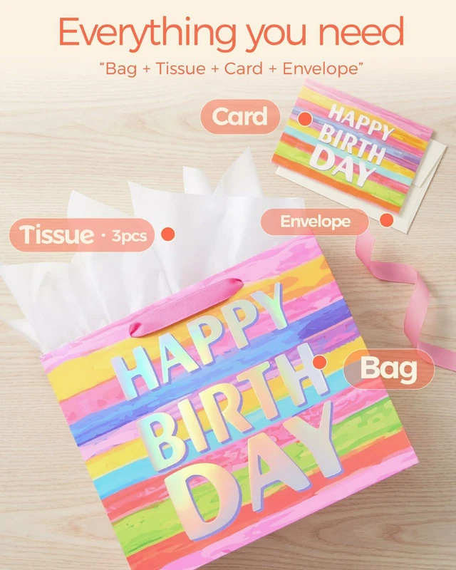 Alt view image 3 of 7 - Large Happy Birthday Gift Bag with Tissue Paper & Card, 13 x 10.2 x 4.7 Inches Premium Paper Bag for Birthday, Kids', Women's & Mother's Gifts