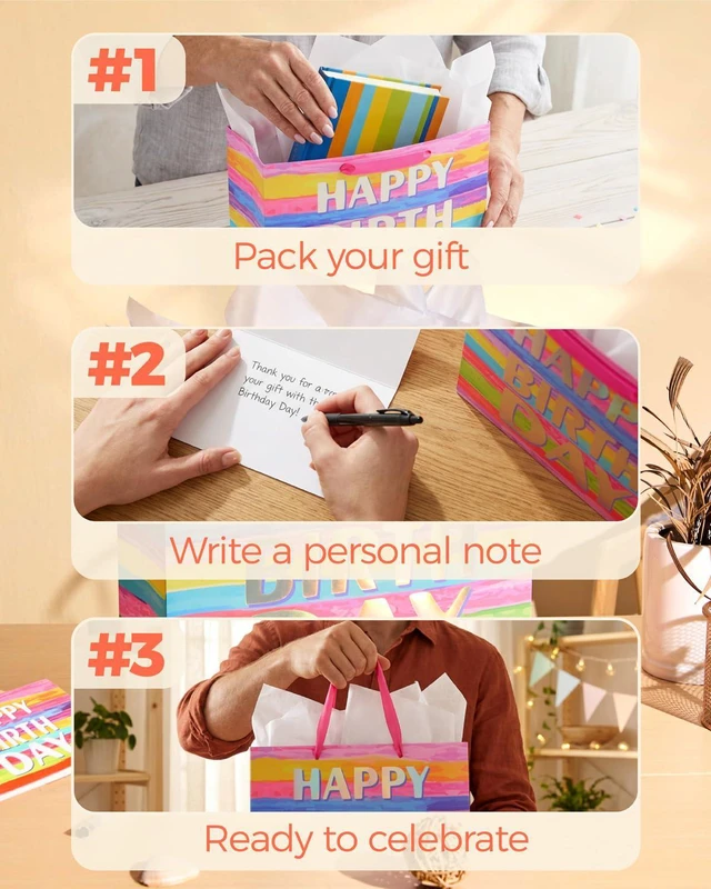 Alt view image 6 of 7 - Large Happy Birthday Gift Bag with Tissue Paper & Card, 13 x 10.2 x 4.7 Inches Premium Paper Bag for Birthday, Kids', Women's & Mother's Gifts