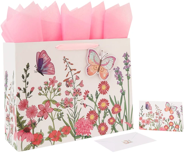 Main image of 16.5 Extra Large 3D Butterfly Gift Bag Set with Handles, Greeting Card, Pink Tissue Papers and Stickers for Women Girls for Birthday, Mothers' Day, Wedding, Anniversary, Floral Design, 1 Pcs