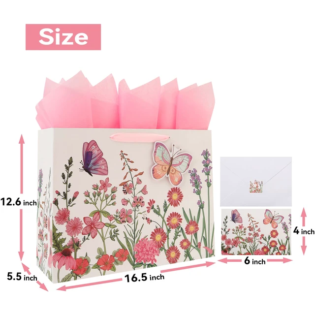 Alt view image 2 of 6 - 16.5 Extra Large 3D Butterfly Gift Bag Set with Handles, Greeting Card, Pink Tissue Papers and Stickers for Women Girls for Birthday, Mothers' Day, Wedding, Anniversary, Floral Design, 1 Pcs