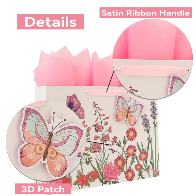 Alt view image 4 of 6 - 16.5 Extra Large 3D Butterfly Gift Bag Set with Handles, Greeting Card, Pink Tissue Papers and Stickers for Women Girls for Birthday, Mothers' Day, Wedding, Anniversary, Floral Design, 1 Pcs