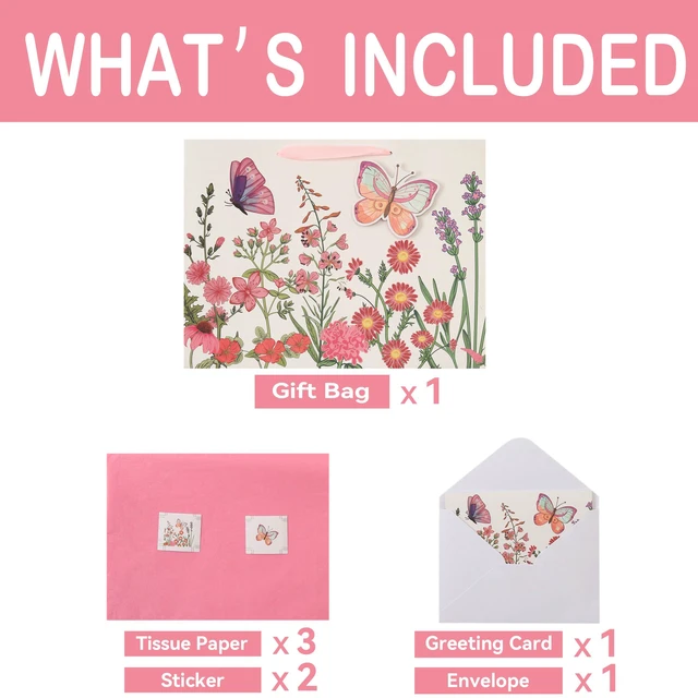 Alt view image 3 of 6 - 16.5 Extra Large 3D Butterfly Gift Bag Set with Handles, Greeting Card, Pink Tissue Papers and Stickers for Women Girls for Birthday, Mothers' Day, Wedding, Anniversary, Floral Design, 1 Pcs