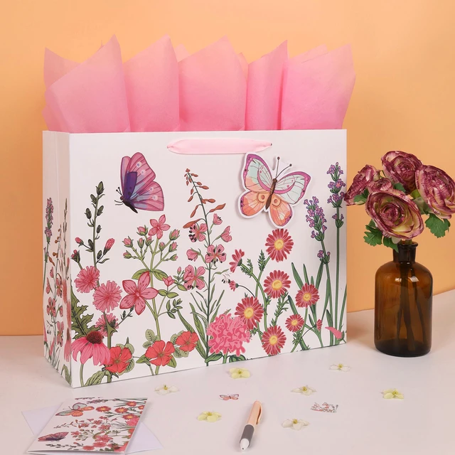 Alt view image 5 of 6 - 16.5 Extra Large 3D Butterfly Gift Bag Set with Handles, Greeting Card, Pink Tissue Papers and Stickers for Women Girls for Birthday, Mothers' Day, Wedding, Anniversary, Floral Design, 1 Pcs