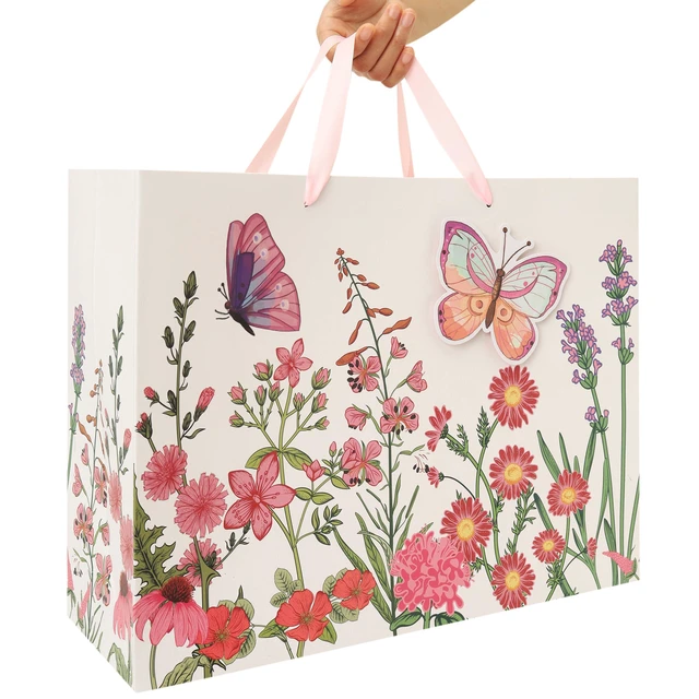 Alt view image 6 of 6 - 16.5 Extra Large 3D Butterfly Gift Bag Set with Handles, Greeting Card, Pink Tissue Papers and Stickers for Women Girls for Birthday, Mothers' Day, Wedding, Anniversary, Floral Design, 1 Pcs