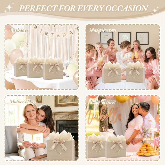 Alt view image 4 of 7 - 2 Pack Champagne Large Gift Bags with Handles & 6 Tissue Papers | 12.6x10x4 Inches with Cards for Birthdays, Weddings, Baby Showers, Christmas & Thank You Gifts