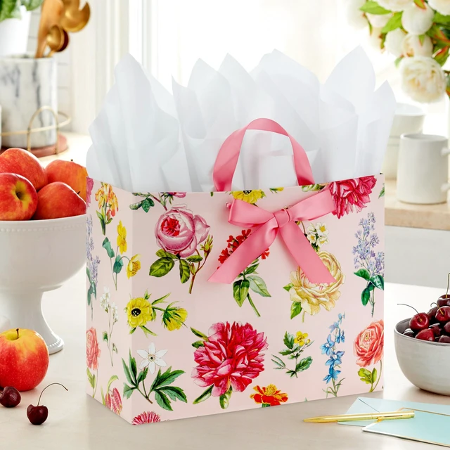 Alt view image 2 of 6 - 10" Large Gift Bag with Tissue Paper (Pink Floral with Bow)