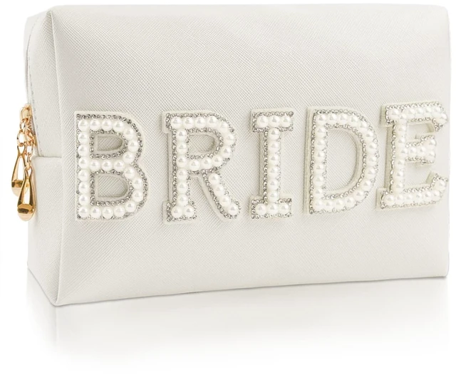 Main image of Bride Patch Letter Makeup Bag for Women Bridesmaid Engagement Gift for Her White Pearl Rhinestone Travel Toiletry Bag Make Up Bag Pouch for Purse Bridal Shower Gifts for Engagement Wedding