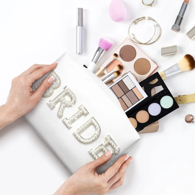 Alt view image 2 of 6 - Bride Patch Letter Makeup Bag for Women Bridesmaid Engagement Gift for Her White Pearl Rhinestone Travel Toiletry Bag Make Up Bag Pouch for Purse Bridal Shower Gifts for Engagement Wedding
