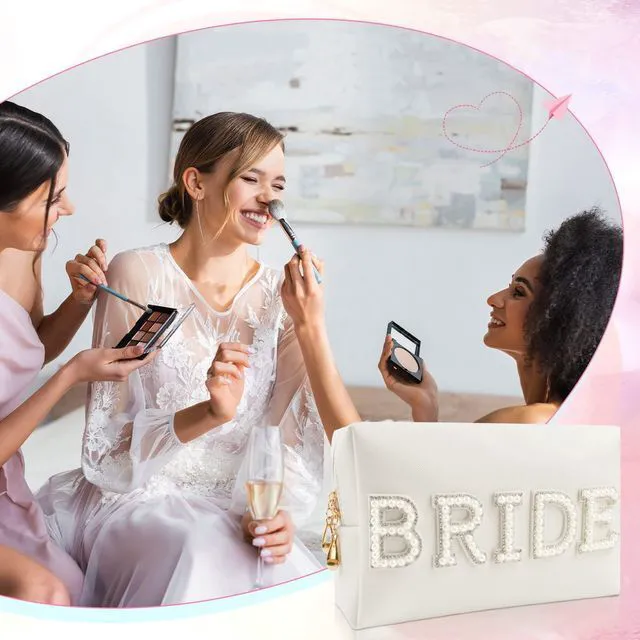 Alt view image 3 of 6 - Bride Patch Letter Makeup Bag for Women Bridesmaid Engagement Gift for Her White Pearl Rhinestone Travel Toiletry Bag Make Up Bag Pouch for Purse Bridal Shower Gifts for Engagement Wedding