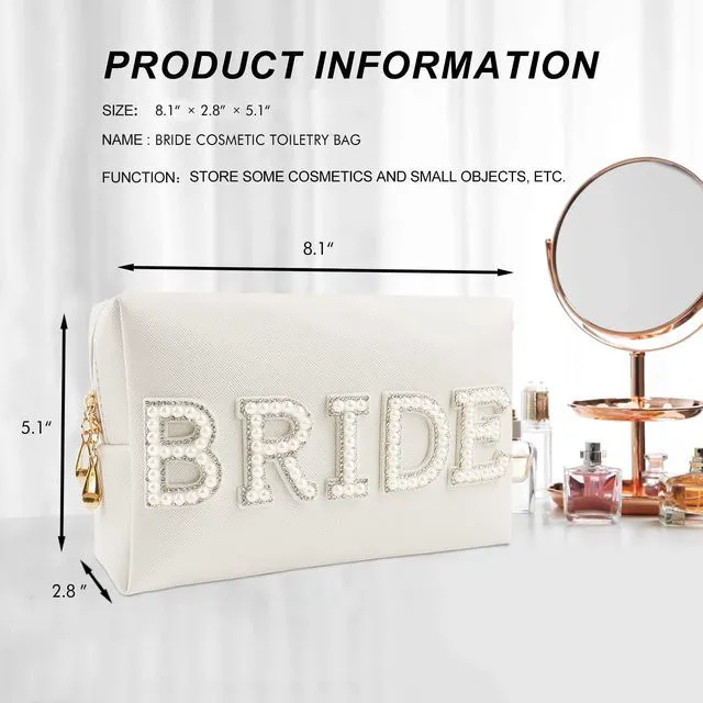 Alt view image 5 of 6 - Bride Patch Letter Makeup Bag for Women Bridesmaid Engagement Gift for Her White Pearl Rhinestone Travel Toiletry Bag Make Up Bag Pouch for Purse Bridal Shower Gifts for Engagement Wedding