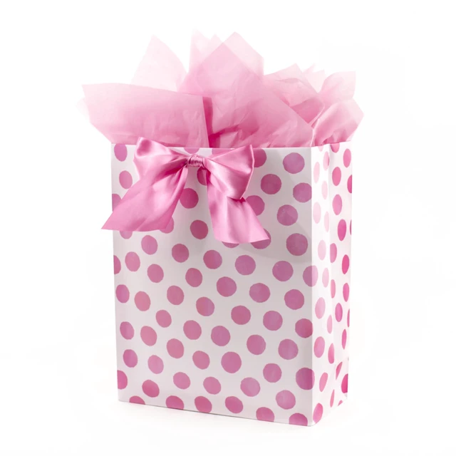 Main image of 15" Extra Large Gift Bag with Tissue Paper (Pink Polka Dots) | Satin ribbon handle, 4 tissue sheets, ideal for baby showers, birthdays, bridal showers, Easter, 12.5 x 15.5 in