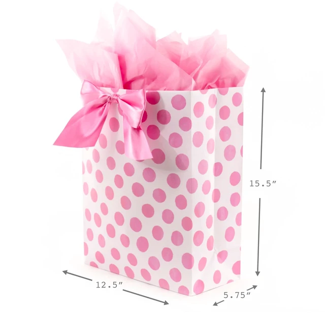 Alt view image 3 of 6 - 15" Extra Large Gift Bag with Tissue Paper (Pink Polka Dots) | Satin ribbon handle, 4 tissue sheets, ideal for baby showers, birthdays, bridal showers, Easter, 12.5 x 15.5 in