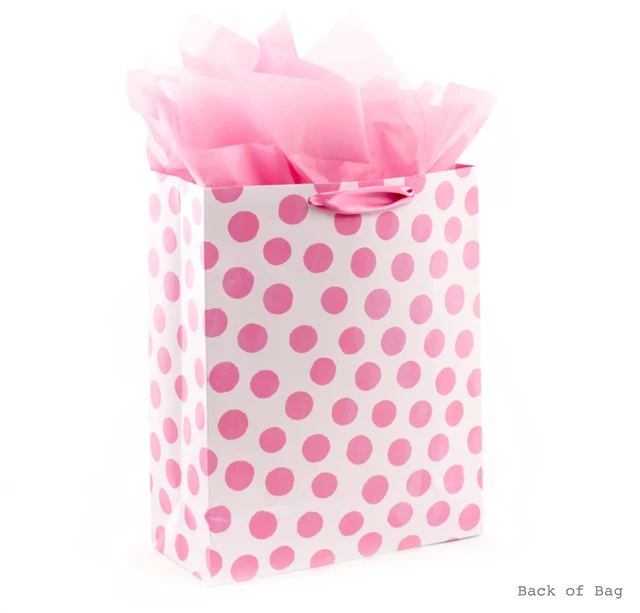 Alt view image 4 of 6 - 15" Extra Large Gift Bag with Tissue Paper (Pink Polka Dots) | Satin ribbon handle, 4 tissue sheets, ideal for baby showers, birthdays, bridal showers, Easter, 12.5 x 15.5 in