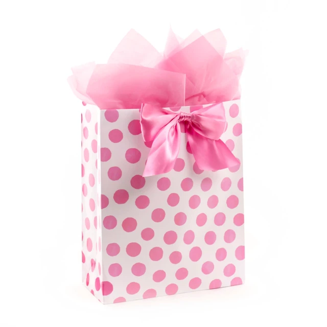 Alt view image 5 of 6 - 15" Extra Large Gift Bag with Tissue Paper (Pink Polka Dots) | Satin ribbon handle, 4 tissue sheets, ideal for baby showers, birthdays, bridal showers, Easter, 12.5 x 15.5 in