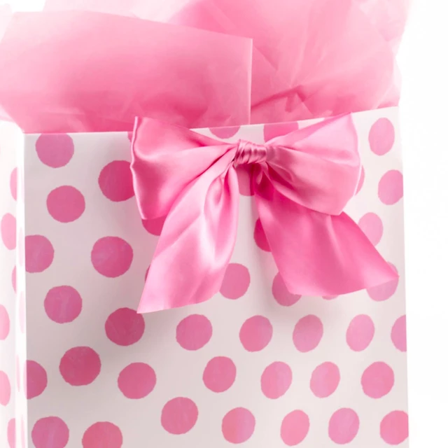 Alt view image 6 of 6 - 15" Extra Large Gift Bag with Tissue Paper (Pink Polka Dots) | Satin ribbon handle, 4 tissue sheets, ideal for baby showers, birthdays, bridal showers, Easter, 12.5 x 15.5 in