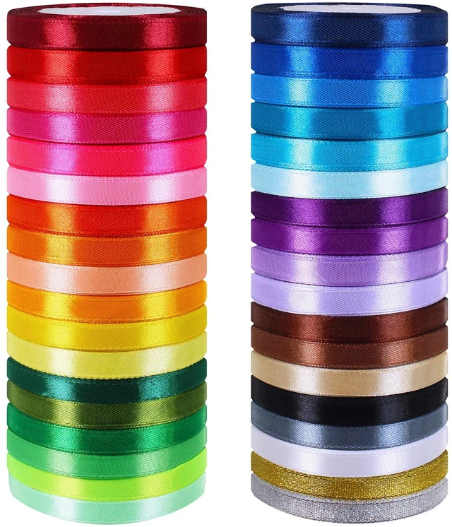 Main image of 36 Colors 900 Yards Satin Metallic Glitter Ribbons Rolls for Craft, Embellish Decorative Ribbons 2/5" Wide for Floral Bouquet Gift Wrapping Bows Wedding Shower Decoration