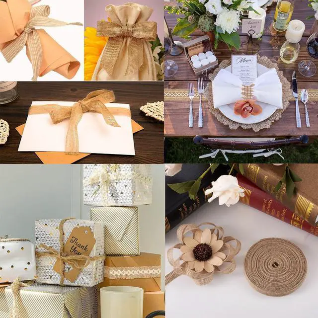 Alt view image 2 of 6 - 5 Rolls Natural Burlap Fabric Ribbon 1/4 inches Tan Jute Linen Ribbon Rolls for Party Decoration, DIY Crafts Gift Wrapping Christmas Making