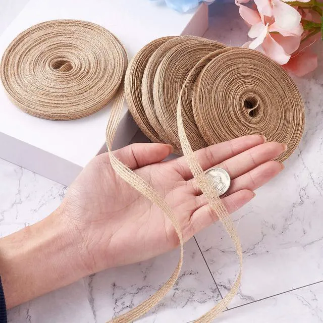 Alt view image 3 of 6 - 5 Rolls Natural Burlap Fabric Ribbon 1/4 inches Tan Jute Linen Ribbon Rolls for Party Decoration, DIY Crafts Gift Wrapping Christmas Making