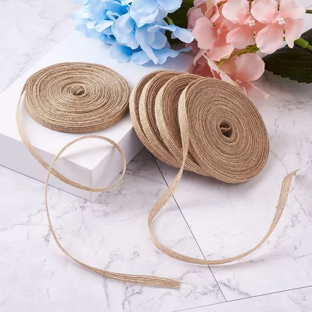 Alt view image 5 of 6 - 5 Rolls Natural Burlap Fabric Ribbon 1/4 inches Tan Jute Linen Ribbon Rolls for Party Decoration, DIY Crafts Gift Wrapping Christmas Making