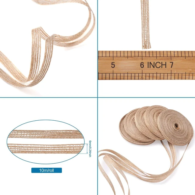 Alt view image 6 of 6 - 5 Rolls Natural Burlap Fabric Ribbon 1/4 inches Tan Jute Linen Ribbon Rolls for Party Decoration, DIY Crafts Gift Wrapping Christmas Making