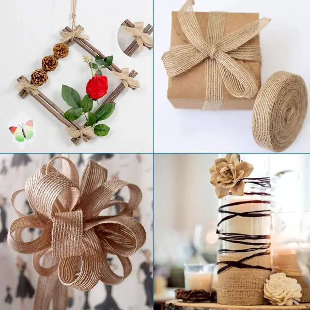 Alt view image 4 of 6 - 5 Rolls Natural Burlap Fabric Ribbon 1/4 inches Tan Jute Linen Ribbon Rolls for Party Decoration, DIY Crafts Gift Wrapping Christmas Making
