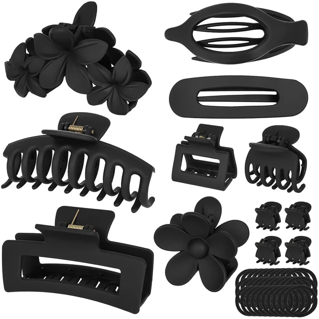 Main image of 12PCS Hair Clips for Women, Jaw Claw Clips Set for Thin Thick Hair, Black | Strong Hold Non-Slip Hair Claws with Hair Ties, Durable, Large Square, Flower, Flat & Small Clips for Work, Daily Wear, Gift