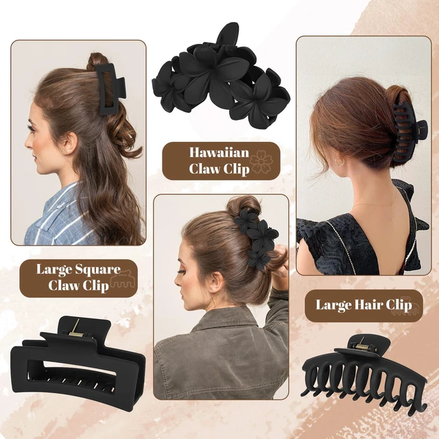 Alt view image 3 of 7 - 12PCS Hair Clips for Women, Jaw Claw Clips Set for Thin Thick Hair, Black | Strong Hold Non-Slip Hair Claws with Hair Ties, Durable, Large Square, Flower, Flat & Small Clips for Work, Daily Wear, Gift