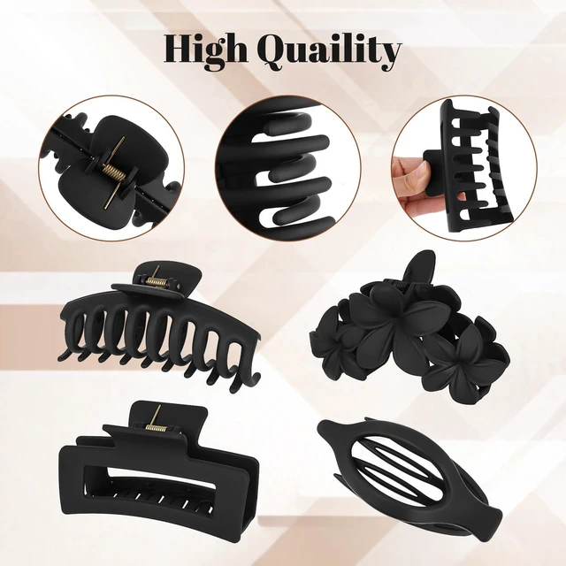 Alt view image 5 of 7 - 12PCS Hair Clips for Women, Jaw Claw Clips Set for Thin Thick Hair, Black | Strong Hold Non-Slip Hair Claws with Hair Ties, Durable, Large Square, Flower, Flat & Small Clips for Work, Daily Wear, Gift
