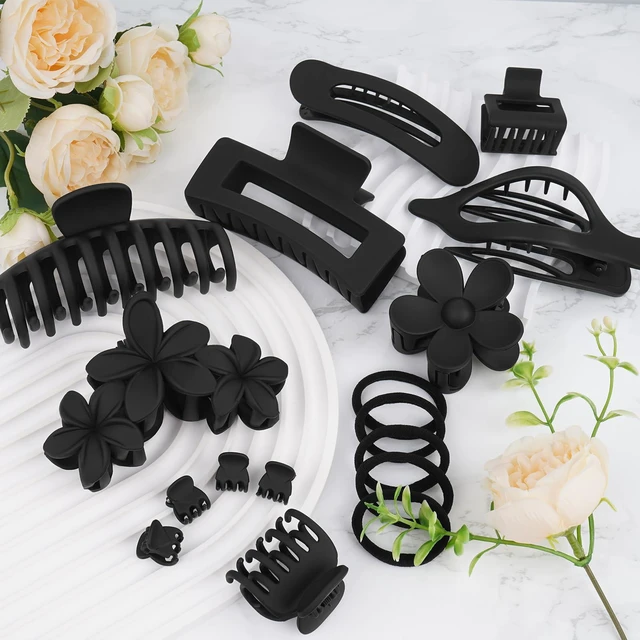 Alt view image 7 of 7 - 12PCS Hair Clips for Women, Jaw Claw Clips Set for Thin Thick Hair, Black | Strong Hold Non-Slip Hair Claws with Hair Ties, Durable, Large Square, Flower, Flat & Small Clips for Work, Daily Wear, Gift