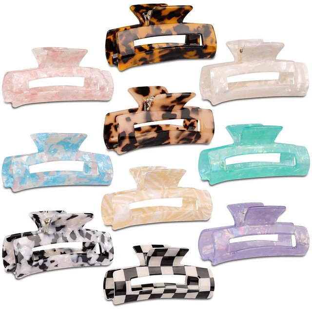 Main image of 10 Pcs Large Resin Hair Claw Clips For Women Thick Thin Hair Updos | Acrylic Celluloid Long Claw ClipOpal Marble/Tortoise Shell/Checkered Patterns, Strong Hold 90s Cute Girls Hair Accessories